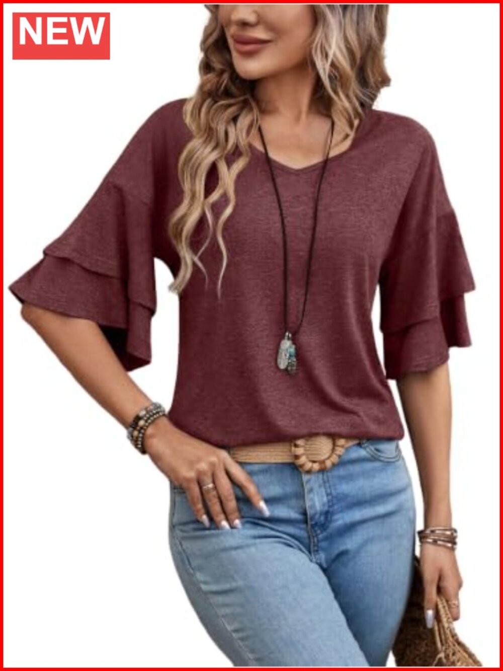Women's 3/4 Ruffle Sleeve V-Neck Blouse Casual Tunic Top